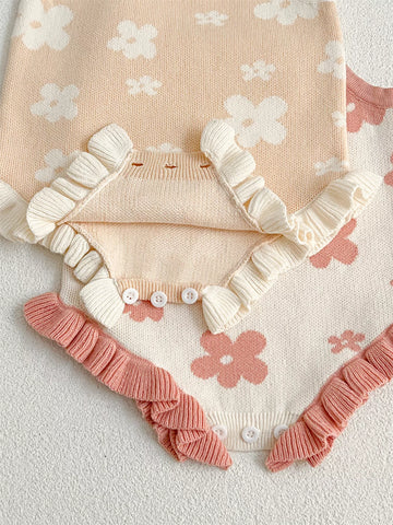 Baby Girl Flower Print Knit Ruffle Hem Bodysuit