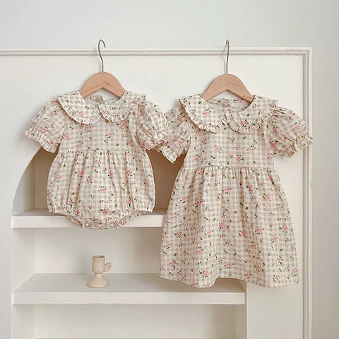 Girls Floral Peter Pan Flower Gingham Bodysuit Dress