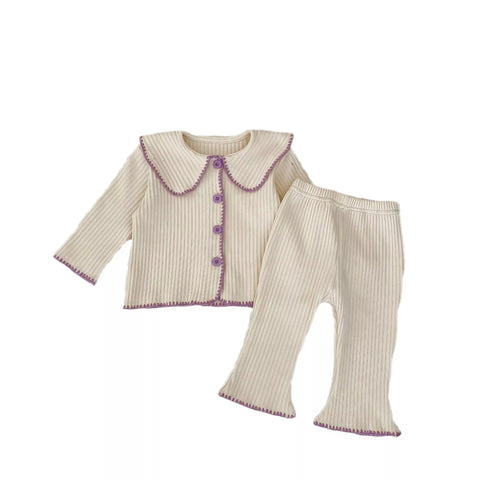 2 Pc Girls Ribbed Coverstitch Cardigan Set