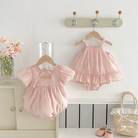 Baby Girl Bubble Sleeve Embroidered Fabric Bodysuit