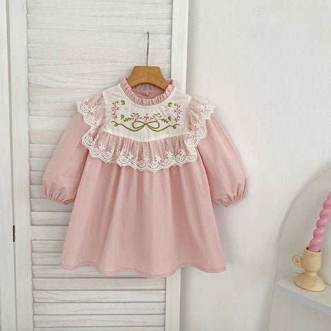 Girls Floral Embroidery Bib Bodysuit Dress