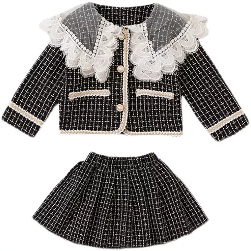 2 Pc Girls Tweed Lace Collar Jacket and Skirt Set