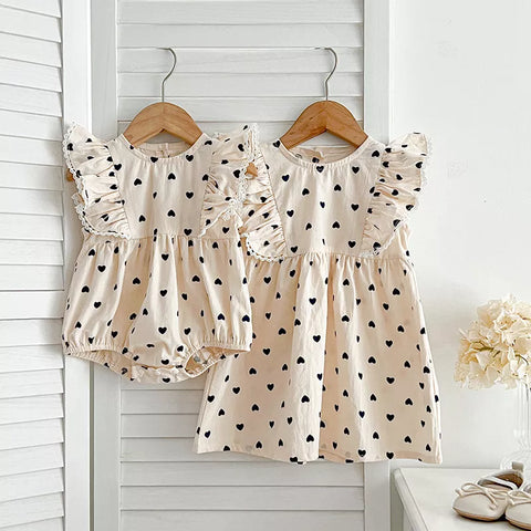Girls Heart Print Cotton Ruffle Bodysuit Dress