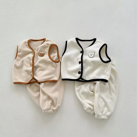 2 Pc Baby Boy Contrast Binding Vest & Pants Fleece Set