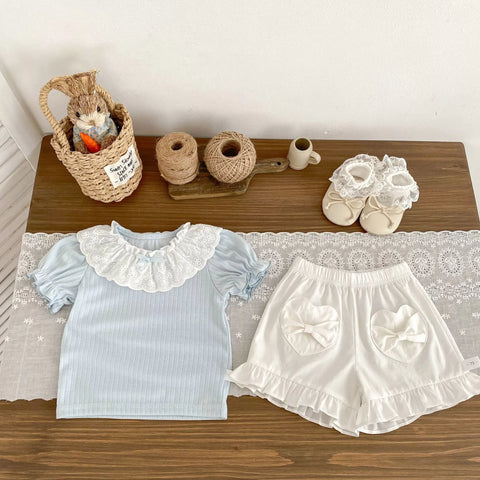 2 Pc Baby Girl Ribbed Tee & Hearts Pocket Shorts