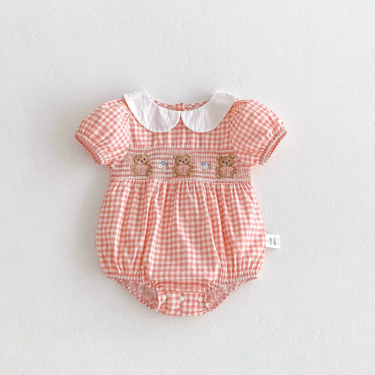 Baby Girl Bear Embroidery Gingham Bodysuit