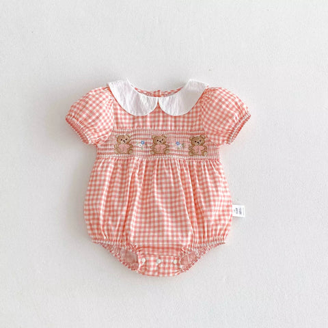 Baby Girl Bear Embroidery Gingham Bodysuit