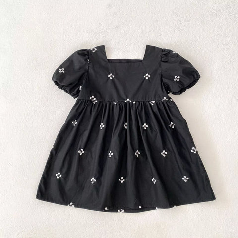 Girls Clover Embroidery Bubble Sleeve Bodysuit Dress