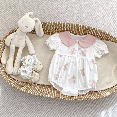 Baby Girl Teddy Bear Print Ear Collar Bodysuit