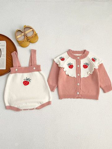 2 Pc Baby Girl Strawberry Contrast Cardigan & Bodysuit Set