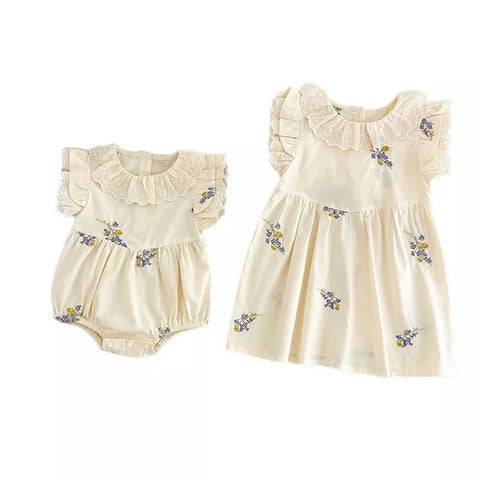 Girls Flower Embroidery Ruffle Collar Bodysuit or Dress