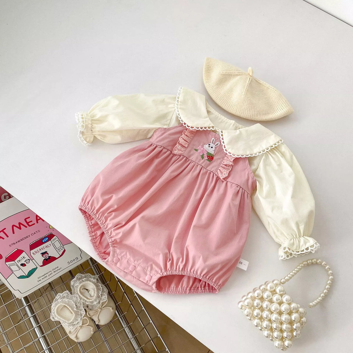 2 Pc Baby Girl Collar Shirt & Bunny Overall Bodysuit