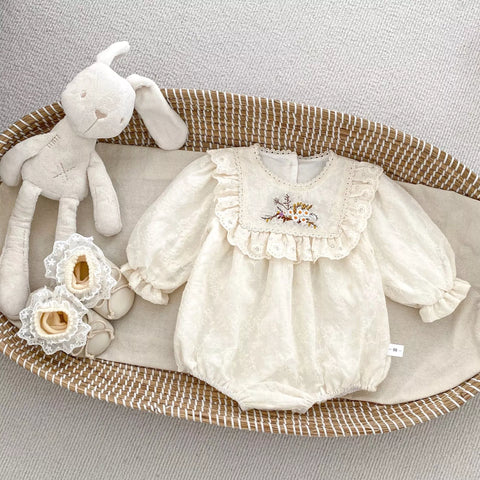 Baby Girl Square Ruffle Bib Flower Embroidery Bodysuit
