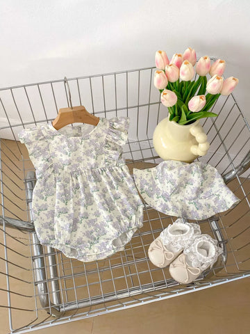 2 Pc Baby Girl Lavender Flower Bodysuit w/ Hat
