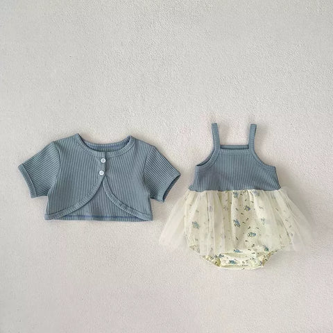 2 Pc Baby Girl Short Cardigan & Floral Ribbed Dress