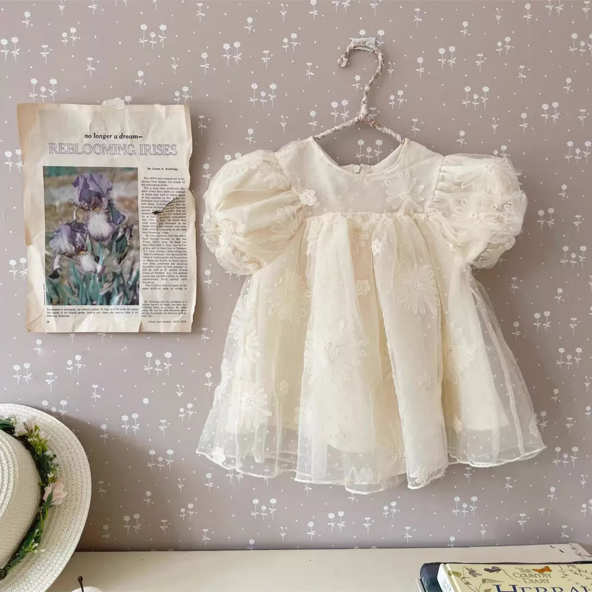 Baby Girl Elegant Flower Emb Mesh Puff Sleeve Dress