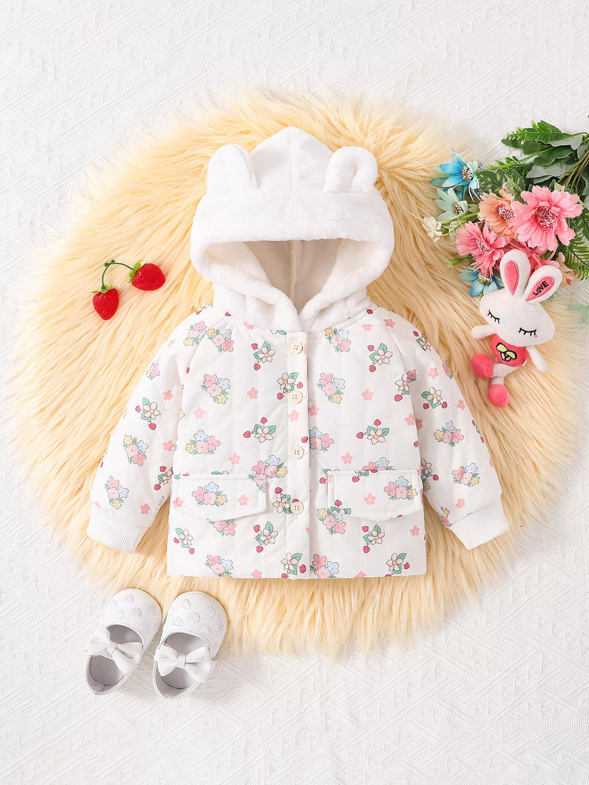 Baby Girl Floral Print Fleece Lined Bunny Ear Jacket