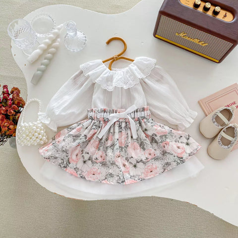 2 Pc Baby Girl Ruffle Collar Shirt & Floral Skirt Set