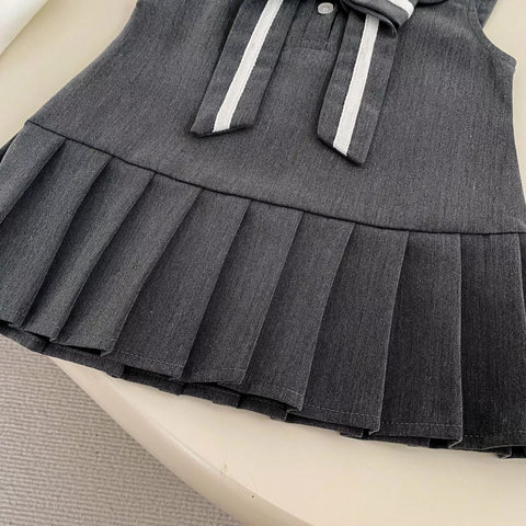 2 Pc Girls Contrast Ribbon Pinafore Dress