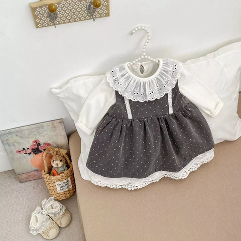 2 Pc Girls Polka Dot Lace Layered Dress