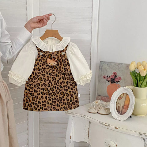 2 Pc Girls Leopard Print Cat Overall w/ Shirt