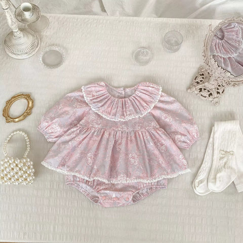 Baby Girl Pink Vintage Floral Ruffle Collar Dress
