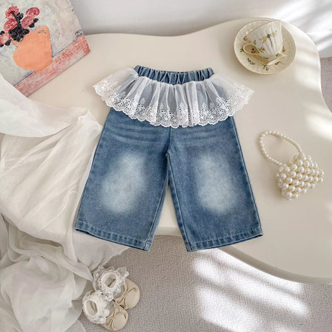 Girls Wide leg Jeans w/ Lace Skirt Overlay