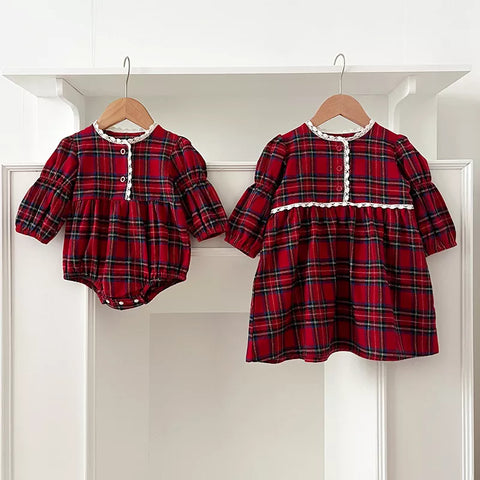 Girls Red Plaid Lace Trim Bodysuit or Dress