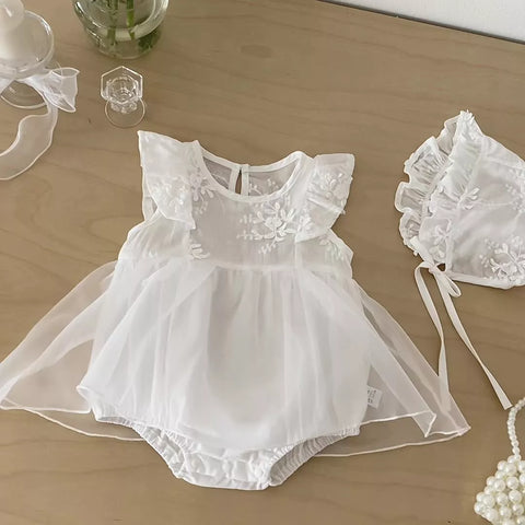 2 Pc Baby Girl Semi Sheer Floral Dress with Bonnet