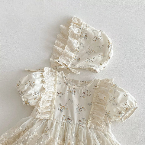 2 Pc Baby Girl Ditsy Lace Floral Dress with Bonnet