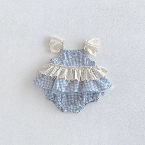 Baby Girls Gingham Lace Sleeve Bodysuit Dress