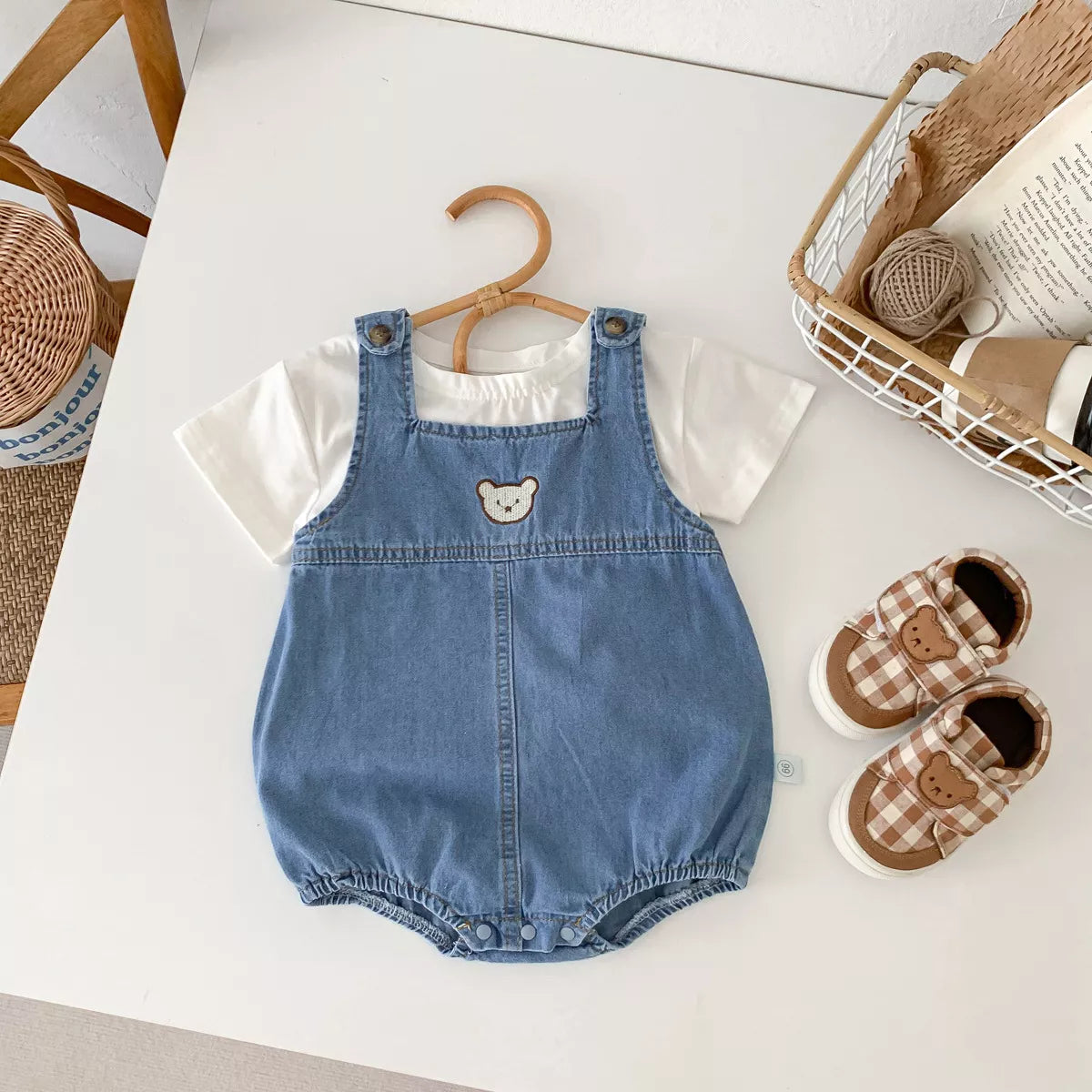 2 pc Baby Boy Bear Denim Overall Bodysuit w/ Tee