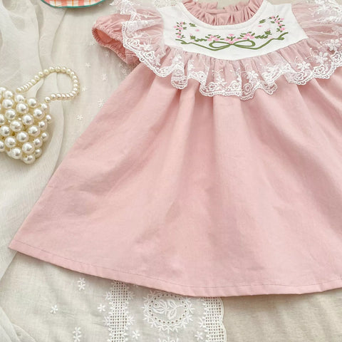 Girls Lace Trim Flower Embroidered Bodysuit or Dress