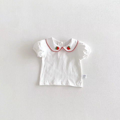 3 Pc Strawberry Overall Bodysuit w/ Collar Shirt & Hat