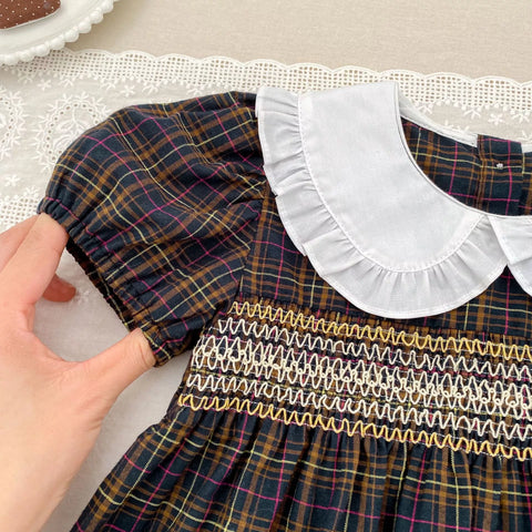 Girls Smocked Fall Plaid Ruffle Peter Pan Collar Bodysuit or Dress