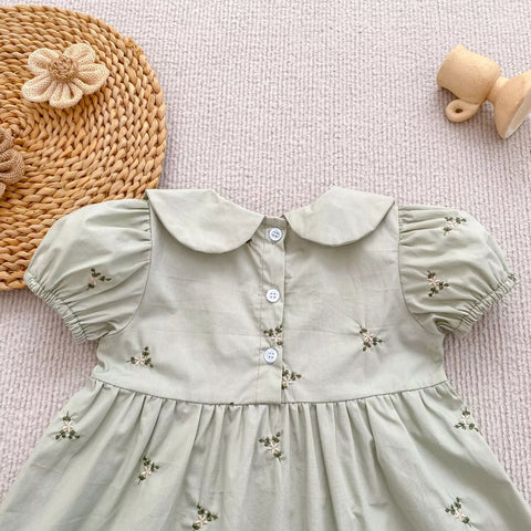 Girls Cotton Ditsy Flower Embroidered Puff Sleeve  Bodysuit or Dress