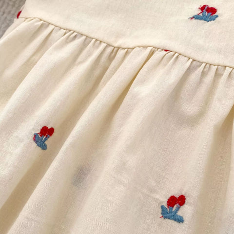 Girls Cotton Cherry Embroidered Puff Sleeve Bodysuit or Dress