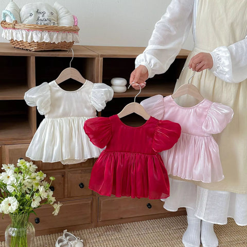 Baby Girl Puff Sleeve Sateen Bodysuit Dress