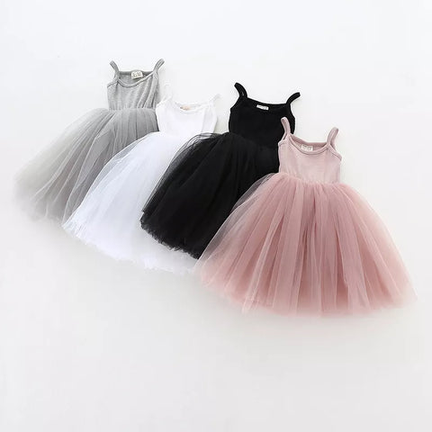 Girls Basic Ribbed Cami Mesh Tulle Dress