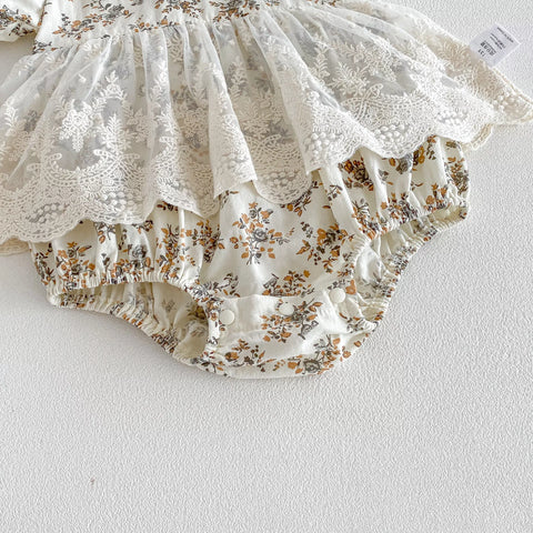2 Pc Baby Girl Vintage Style Bodysuit w/ Bonnet