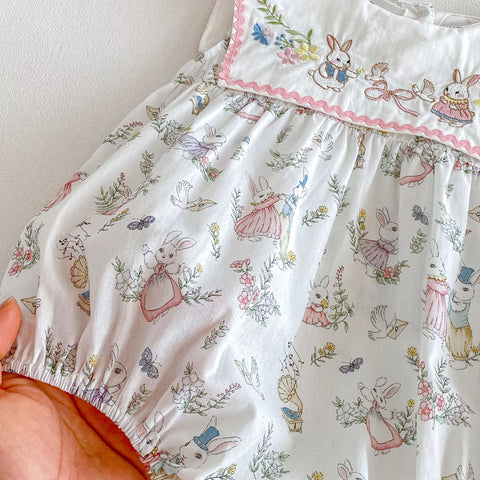 Baby Girl Square Bib Collar Bunny Print Bodysuit