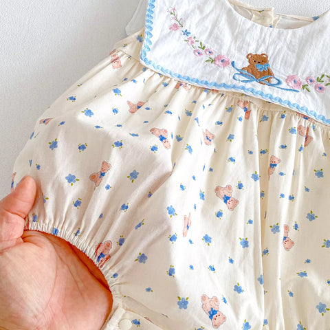 Baby Girl Square Bib Collar Bear Print Bodysuit