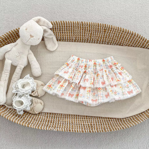 Girls Tiered Ruffle Bow Print Skirt