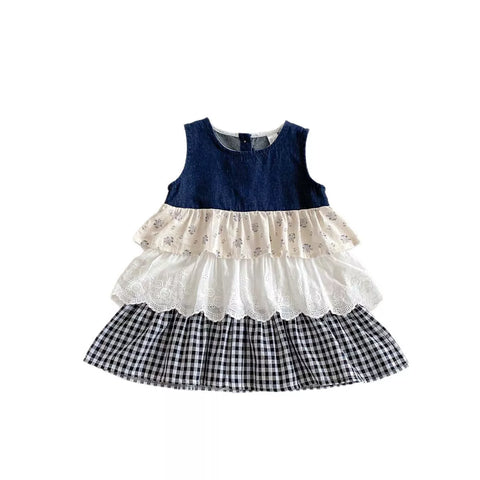 Girls Ruffle Tiered Mix Fabric Skirt Dress