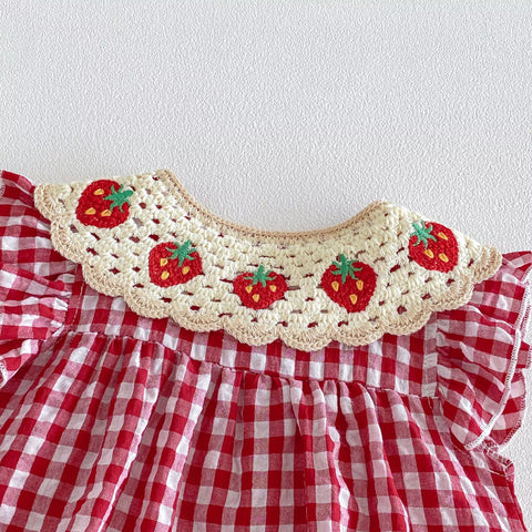 Baby Girl Crochet Strawberry Gingham Romper