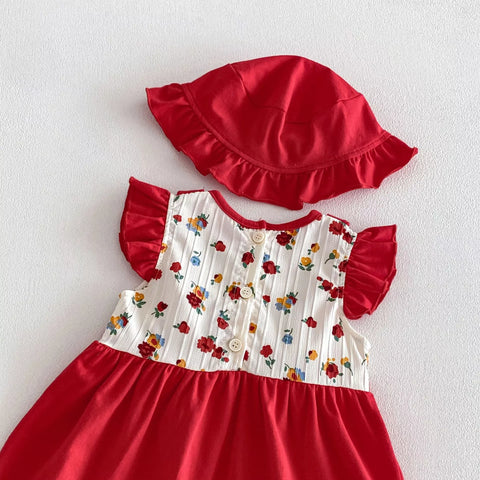 2 Pc Baby Girl 3D Flower Suspender Dress w/ Hat
