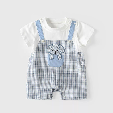 2 pc Baby Boy Dog Patch Plaid Romper