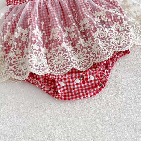 Baby Girl Cherry Plaid Lace Overlay Bodysuit Dress