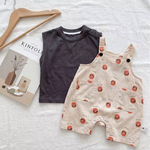 Unisex Baby Hamburger Print Overall & Tank Top Set