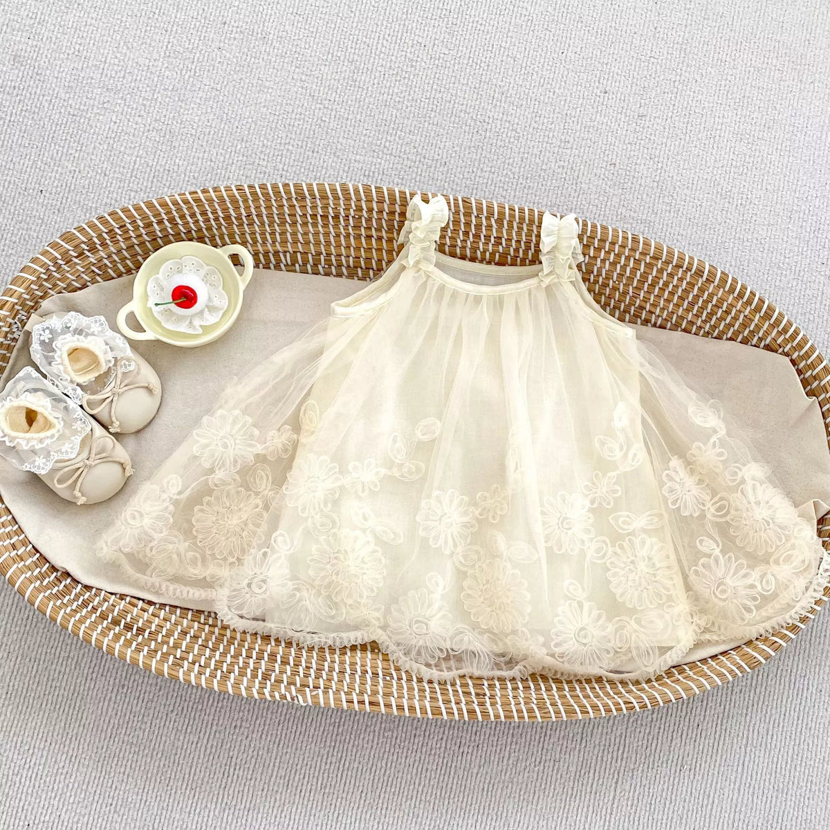 Girls Flowered Embroidered Textured Dress